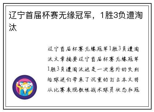 辽宁首届杯赛无缘冠军，1胜3负遭淘汰